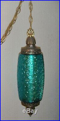 Vintage Mid-Century Hanging Swag Light Lamp with Aqua Blue Glass Globe & Diffuser