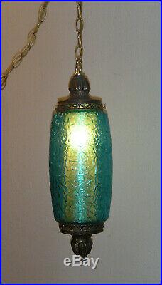 Vintage Mid-Century Hanging Swag Light Lamp with Aqua Blue Glass Globe & Diffuser