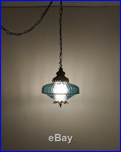 Vintage Mid-Century Hollywood Regency Blue Italian Glass Hanging Swag Lamp Light