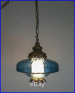 Vintage Mid-Century Hollywood Regency Blue Italian Glass Hanging Swag Lamp Light
