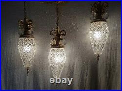 Vintage Mid Century Hollywood Regency Hang Swag Light Triple Pendant Amber Glass