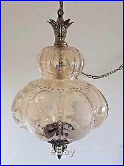 Vintage Mid Century Honey Amber Glass Brass Hanging Light 26x44 Large Swag Lamp