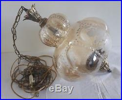 Vintage Mid Century Honey Amber Glass Brass Hanging Light 26x44 Large Swag Lamp
