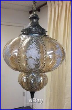 Vintage Mid Century Honey Amber Glass Brass Hanging Light ROSES Large Swag Lamp