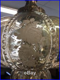 Vintage Mid Century Honey Amber Glass Brass Hanging Light ROSES Large Swag Lamp