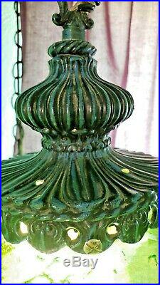 Vintage Mid-Century Large Green Crackle Glass Hanging Swag Lamp Light Retro