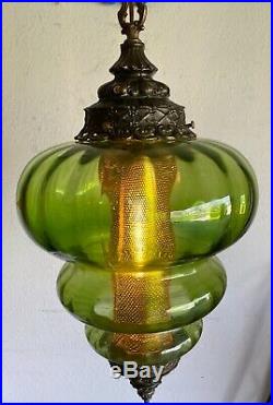Vintage Mid Century Large Green Glass Swag Hanging Lamp