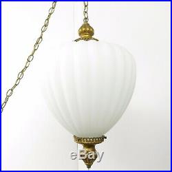 Vintage Mid Century Large Opaque White Glass Hanging Swag Lamp Pull Chain Light