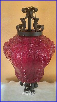 Vintage Mid Century Large Red Decorative Glass Swag Hanging Lamp