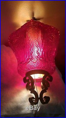 Vintage Mid Century Large Red Decorative Glass Swag Hanging Lamp