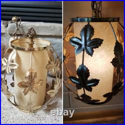 Vintage Mid Century Leaves Gold Tone Metal Hanging Swag Lamp Pendant Light Plug