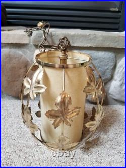 Vintage Mid Century Leaves Gold Tone Metal Hanging Swag Lamp Pendant Light Plug