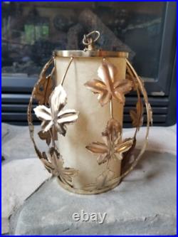 Vintage Mid Century Leaves Gold Tone Metal Hanging Swag Lamp Pendant Light Plug