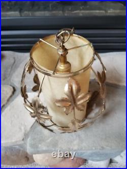 Vintage Mid Century Leaves Gold Tone Metal Hanging Swag Lamp Pendant Light Plug