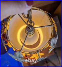 Vintage Mid Century Leaves Gold Tone Metal Hanging Swag Lamp Pendant Light Plug