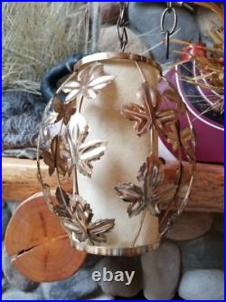 Vintage Mid Century Leaves Gold Tone Metal Hanging Swag Lamp Pendant Light Plug