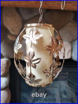 Vintage Mid Century Leaves Gold Tone Metal Hanging Swag Lamp Pendant Light Plug