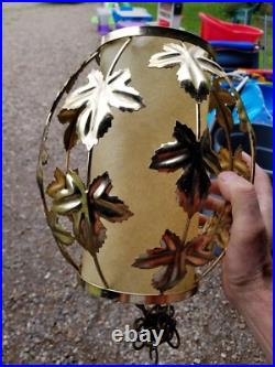 Vintage Mid Century Leaves Gold Tone Metal Hanging Swag Lamp Pendant Light Plug