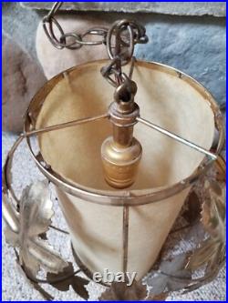 Vintage Mid Century Leaves Gold Tone Metal Hanging Swag Lamp Pendant Light Plug
