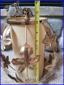 Vintage Mid Century Leaves Gold Tone Metal Hanging Swag Lamp Pendant Light Plug