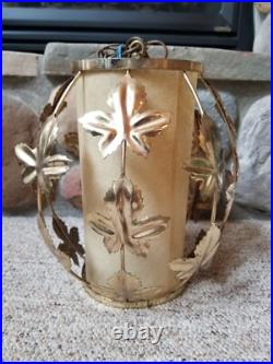 Vintage Mid Century Leaves Gold Tone Metal Hanging Swag Lamp Pendant Light Plug
