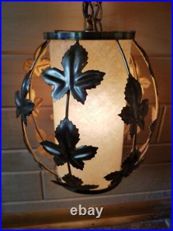 Vintage Mid Century Leaves Gold Tone Metal Hanging Swag Lamp Pendant Light Plug