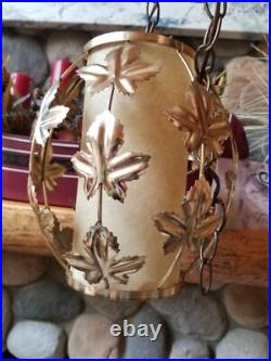 Vintage Mid Century Leaves Gold Tone Metal Hanging Swag Lamp Pendant Light Plug