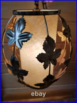 Vintage Mid Century Leaves Gold Tone Metal Hanging Swag Lamp Pendant Light Plug