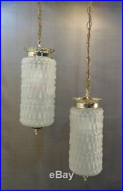 Vintage Mid Century Modern 2 Light Cut Glass Hanging Swag Lamp Hollywood Regency