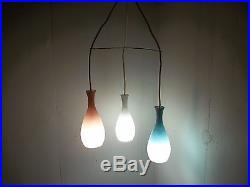 Vintage Mid Century Modern 3 Light Frosted Shade Hanging Pendant Swag Lamp Retro