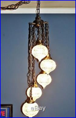 Vintage Mid Century Modern 5 LIGHT Plug-In Hanging SWAG LAMP with Glass Globes