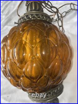 Vintage Mid Century Modern Amber GLASS Hanging Light MCM Pendant Lamp Light