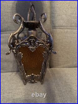 Vintage Mid Century Modern Amber Glass Hanging Swag Lamp MCM