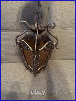 Vintage Mid Century Modern Amber Glass Hanging Swag Lamp MCM