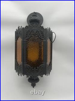 Vintage Mid Century Modern Amber Glass Hanging Swag Lamp MCM Gothic