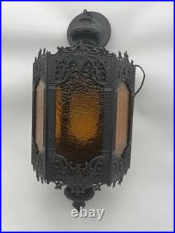 Vintage Mid Century Modern Amber Glass Hanging Swag Lamp MCM Gothic
