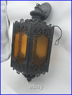 Vintage Mid Century Modern Amber Glass Hanging Swag Lamp MCM Gothic