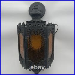 Vintage Mid Century Modern Amber Glass Hanging Swag Lamp MCM Gothic