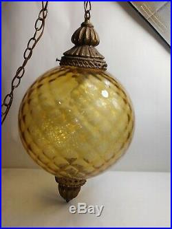 Vintage Mid Century Modern Amber Glass UFO Swag Hanging Lamp Light