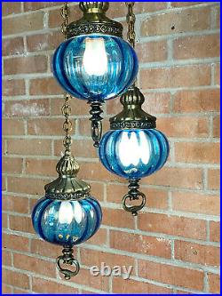 Vintage Mid-Century Modern Blue Bohemian Glass Swag Hanging Light
