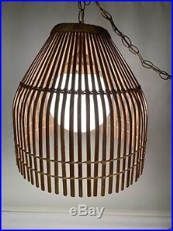 Vintage Mid Century Modern Boho Split Bamboo Rattan Swag Hanging Light Lamp