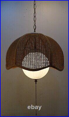 Vintage Mid Century Modern Brown Rattan Wicker Hanging Swag Lamp Retro 1960's