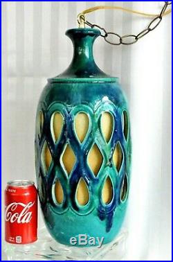 Vintage Mid Century Modern Caribbean & Azure Blue Art Pottery Hanging Swag Lamp