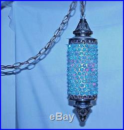 Vintage Mid Century Modern Cracked Blue Marbles Hanging Swag Lamp Light