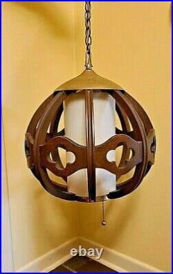 Vintage Mid Century Modern Faux Wood Ball Swag Hanging Light Fixture Lamp