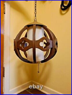 Vintage Mid Century Modern Faux Wood Ball Swag Hanging Light Fixture Lamp