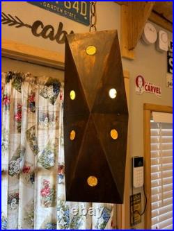 Vintage Mid Century Modern Geometric Copper and Glass Hanging Swag Lamp