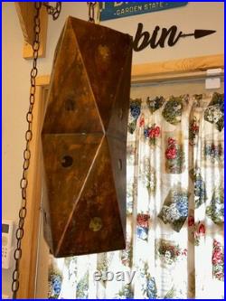 Vintage Mid Century Modern Geometric Copper and Glass Hanging Swag Lamp