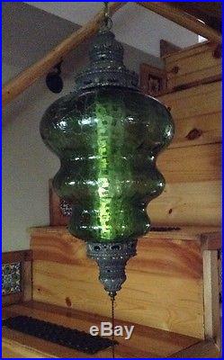 Vintage Mid Century Modern Green Crackle Glass Diffuser Hanging Light Swag Lamp