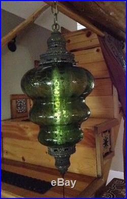 Vintage Mid Century Modern Green Crackle Glass Diffuser Hanging Light Swag Lamp